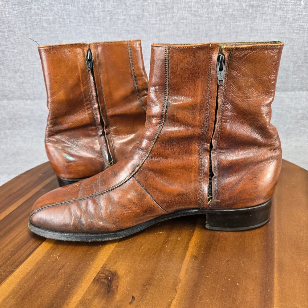Vintage Mens Brown Leather Side Zip Square Toe Ankle Boots Size 11 D 93164 CI - Picture 7 of 14